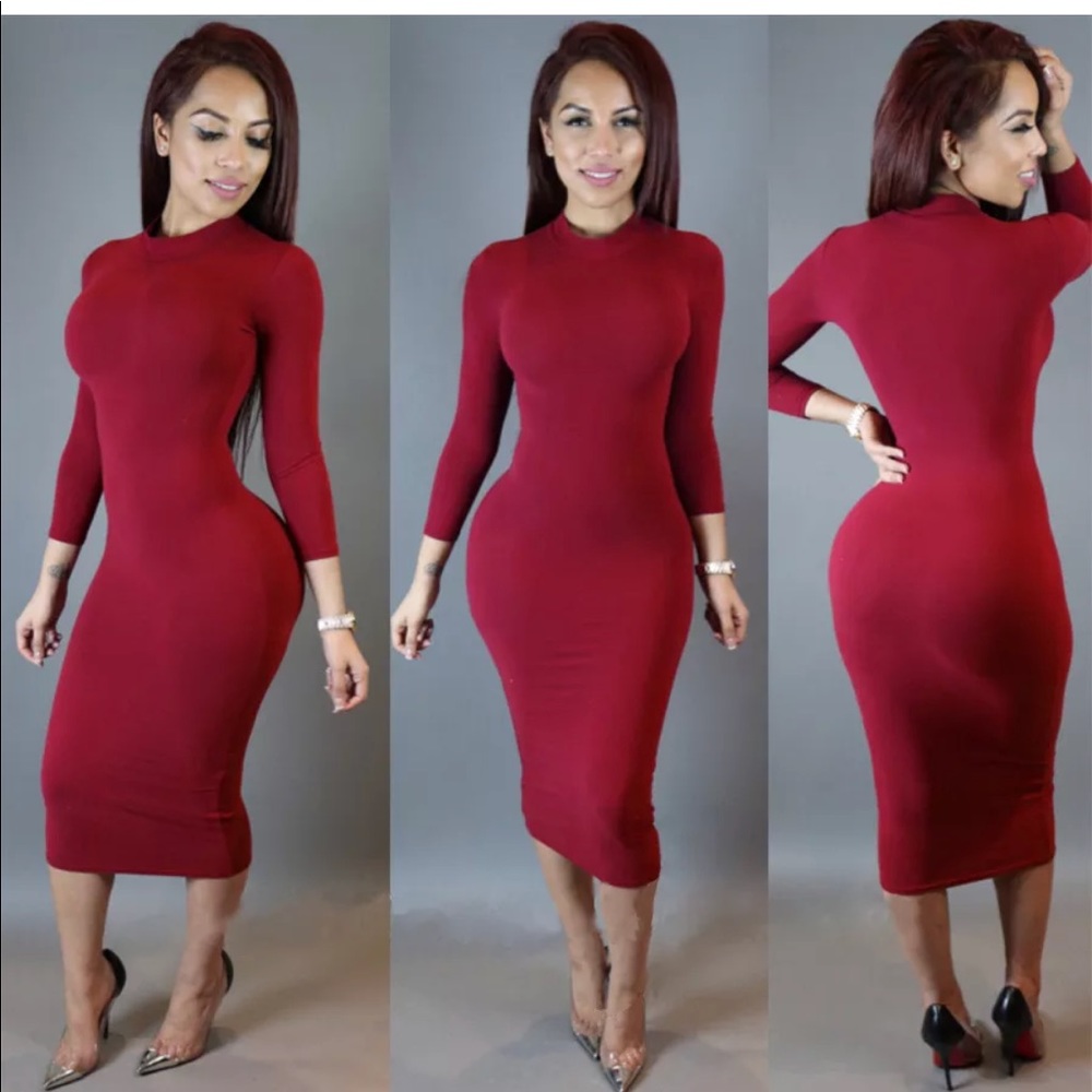 Burgundy Mock neck Midi dress